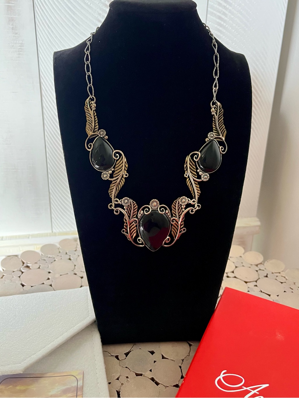 American West Carolyn Pollack 925 Silver & Brass Onyx Statement Necklace 18-24â